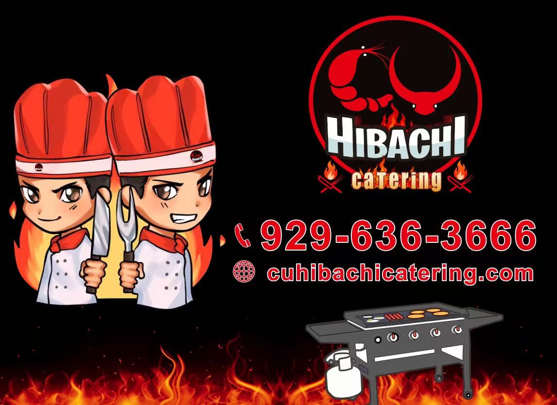 CU Hibachi Catering branding with twin cartoon chefs, logo, and hibachi grill illustration