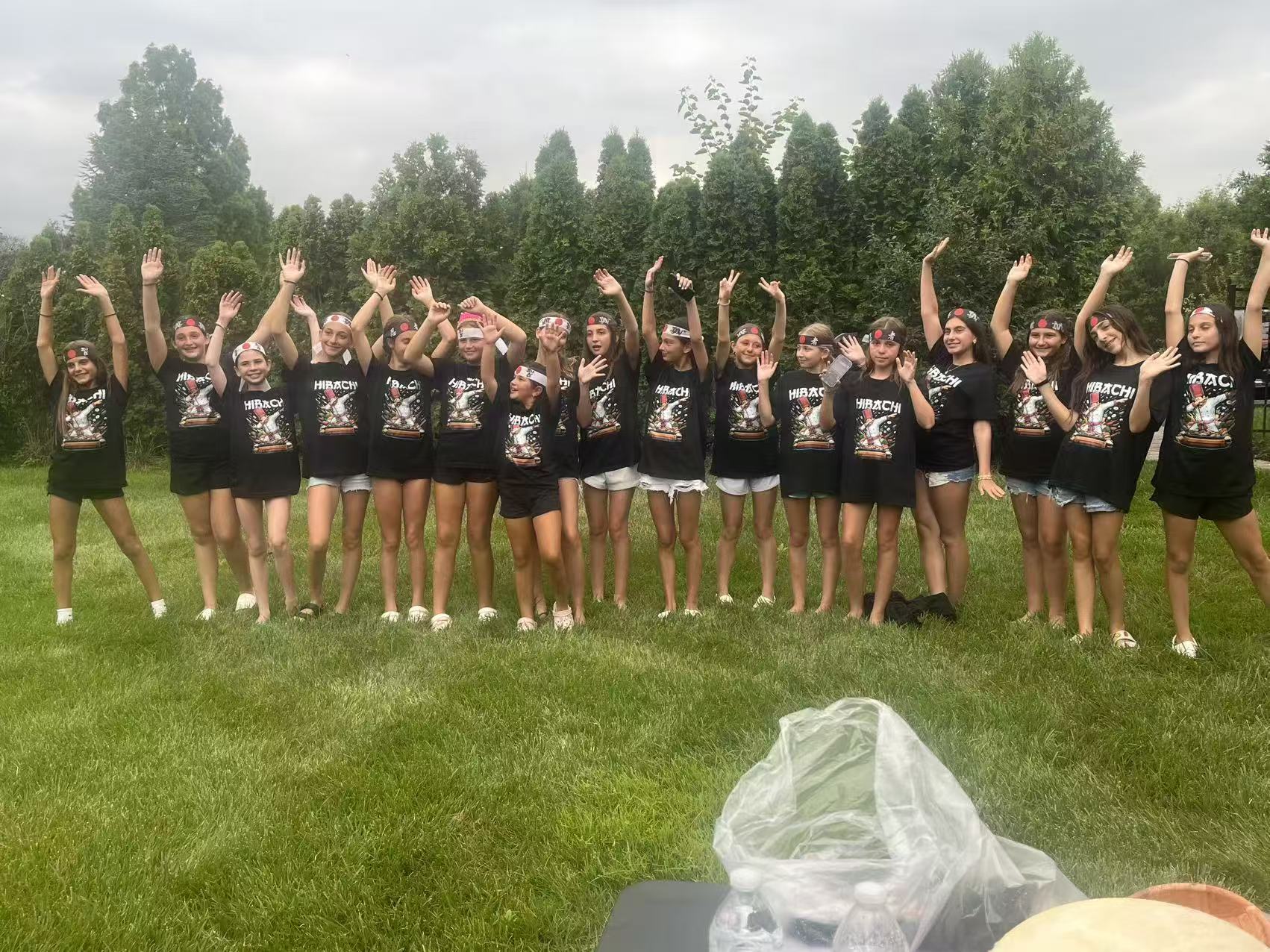 Group of kids in matching Hibachi t-shirts and headbands with hands raised on a green lawn